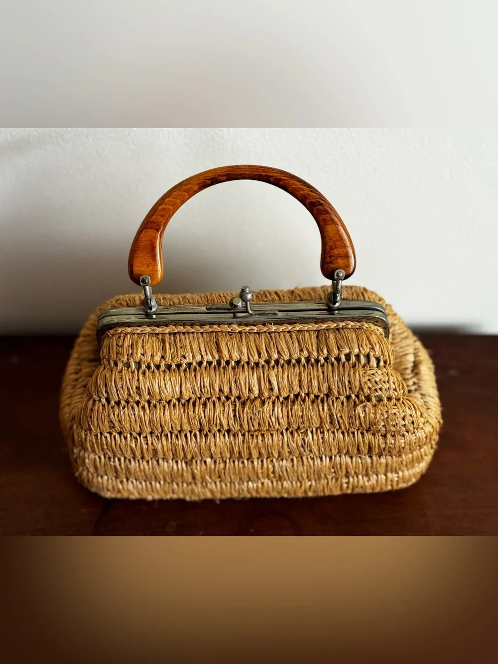 Vintage Woven Straw Top-Handle Bag in Natural Tan
